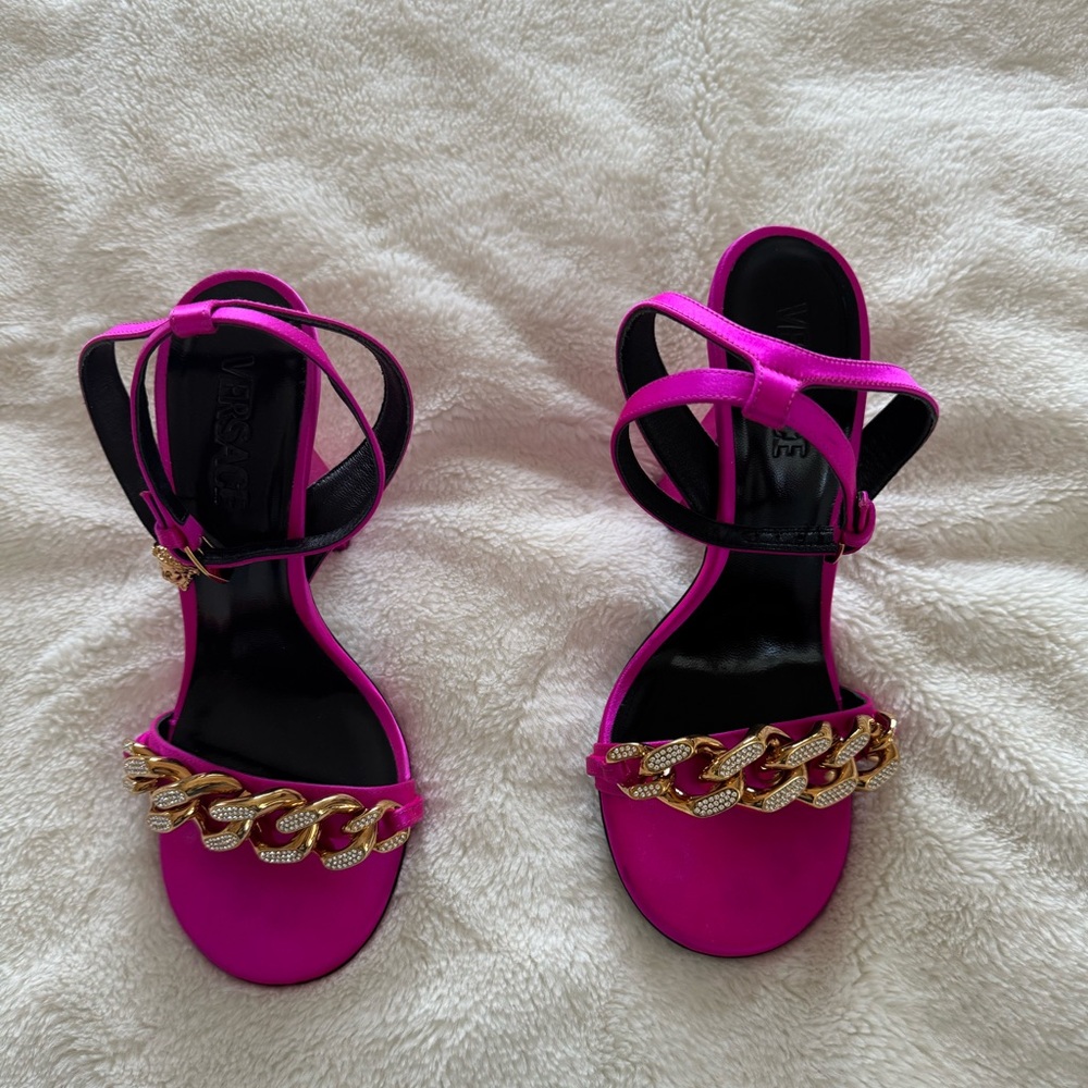Versace Fuchsia and Gold Chain Heels